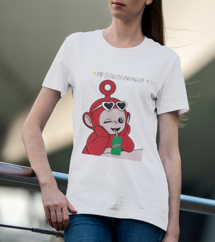 Po Sitively Unhinged Funny Red Teletubby Heart Sunglasses Drinking Mtn Dew T-Shirt
