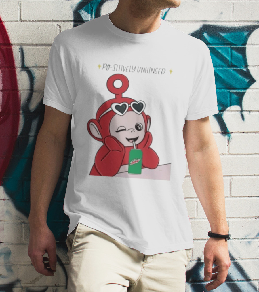 Po Sitively Unhinged Funny Red Teletubby Heart Sunglasses Drinking Mtn Dew T-Shirt
