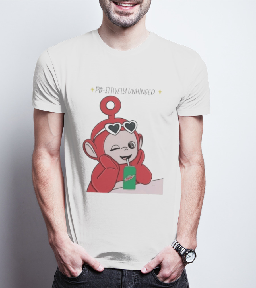 Po Sitively Unhinged Funny Red Teletubby Heart Sunglasses Drinking Mtn Dew T-Shirt