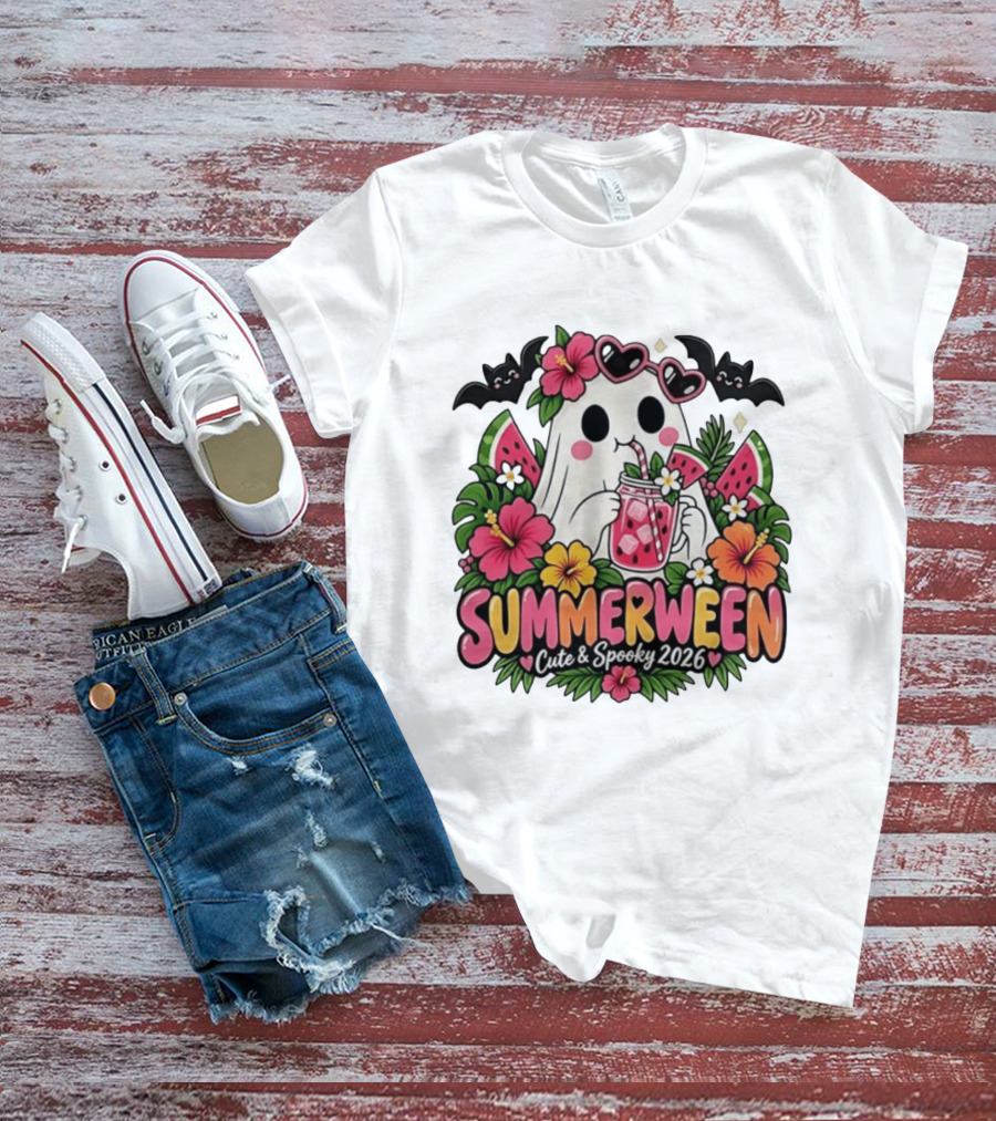 Summerween Cute And Spooky 2026 Ghost With Tropical Flowers And Bats T-Shirt