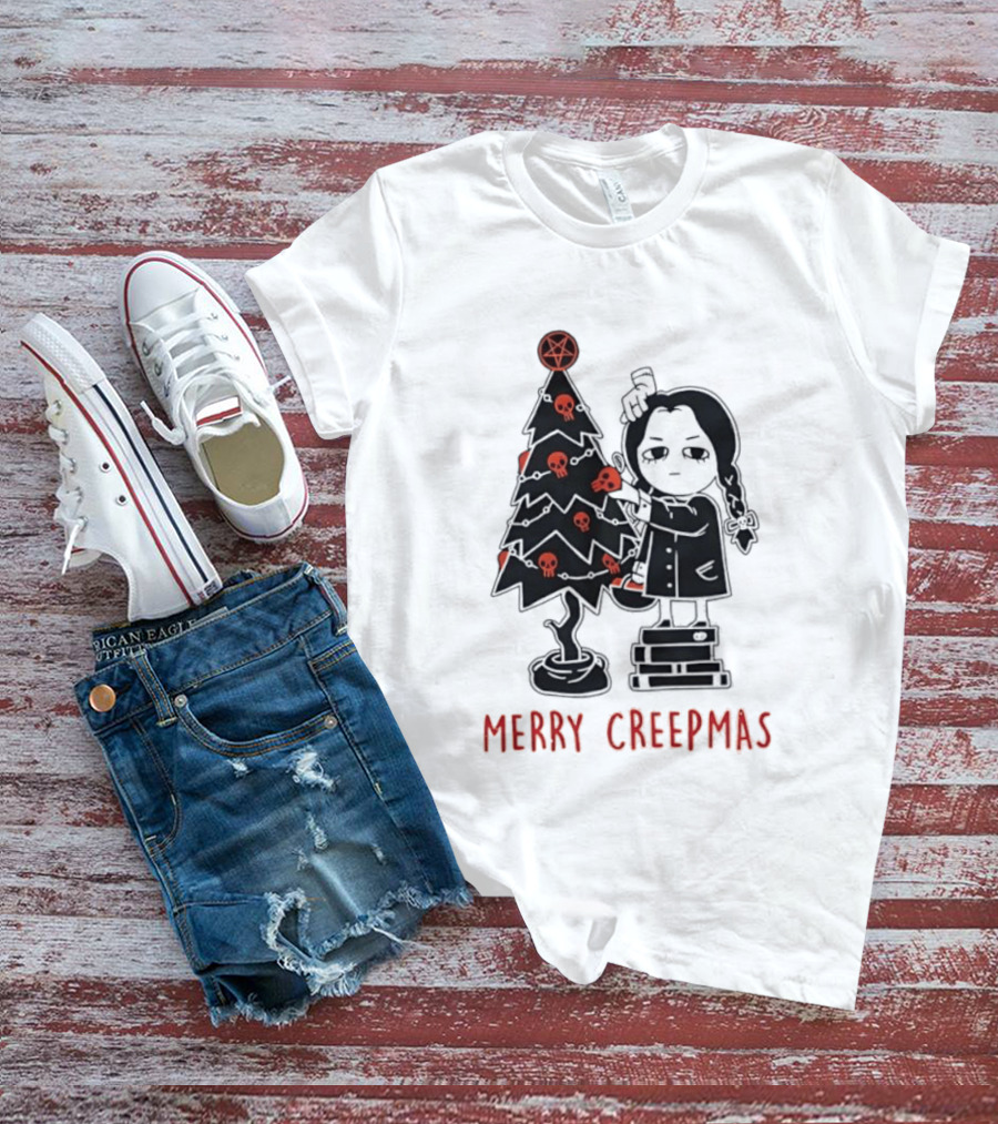 Wednesday Addams Merry Creepmas Goth Christmas Skulls Tree T-Shirt