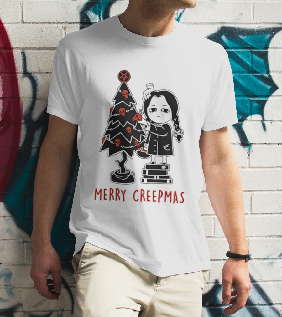 Wednesday Addams Merry Creepmas Goth Christmas Skulls Tree T-Shirt