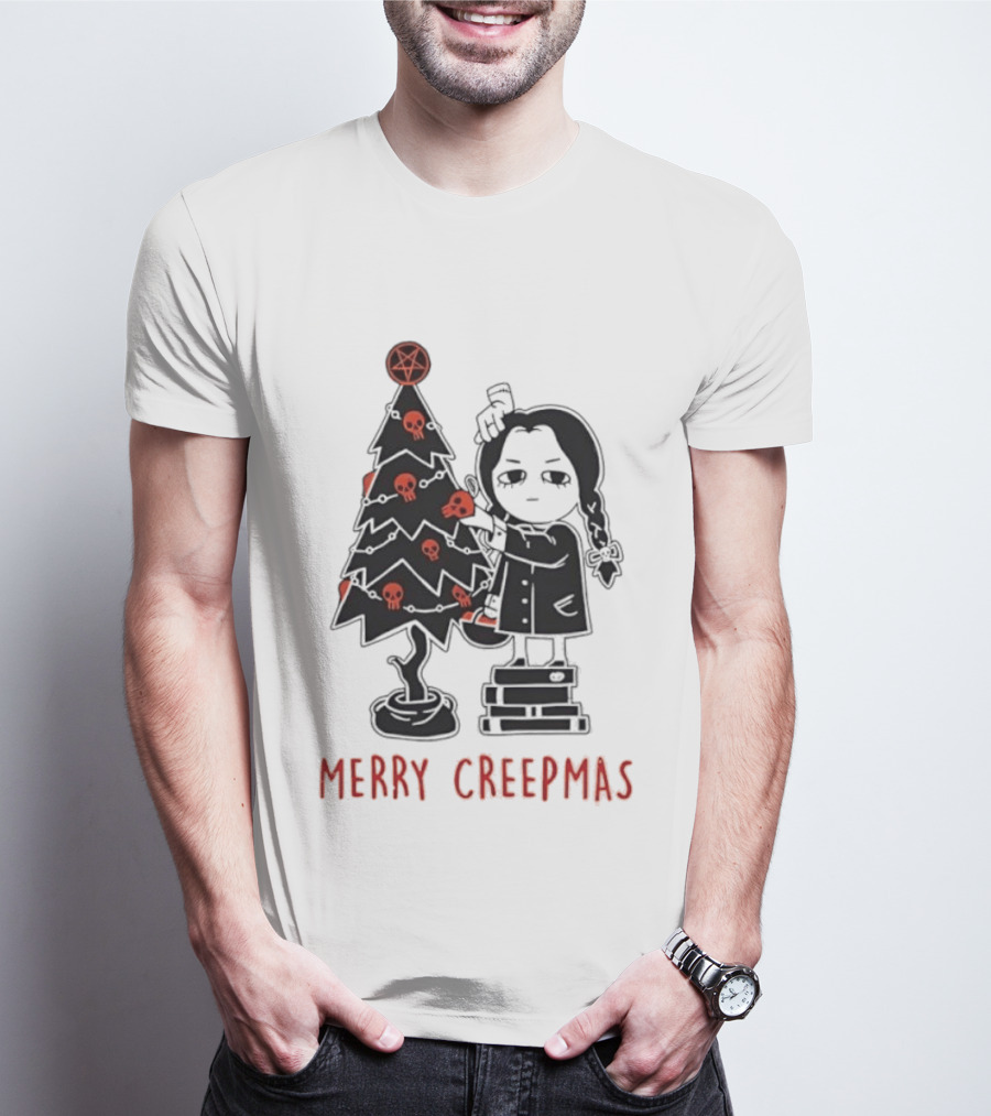Wednesday Addams Merry Creepmas Goth Christmas Skulls Tree T-Shirt