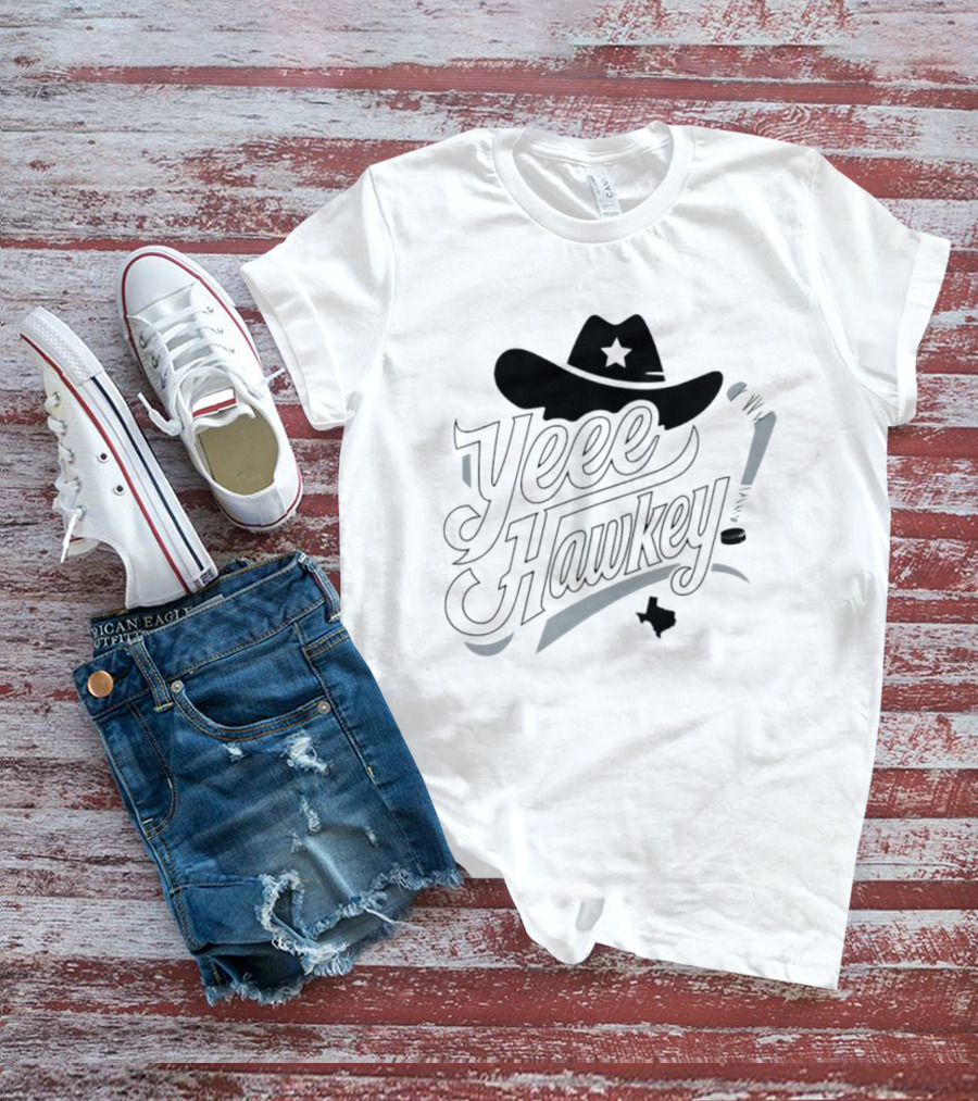 Texas Cowboy Hockey Yeee Hawkey With Star Hat And Sticks T-Shirt