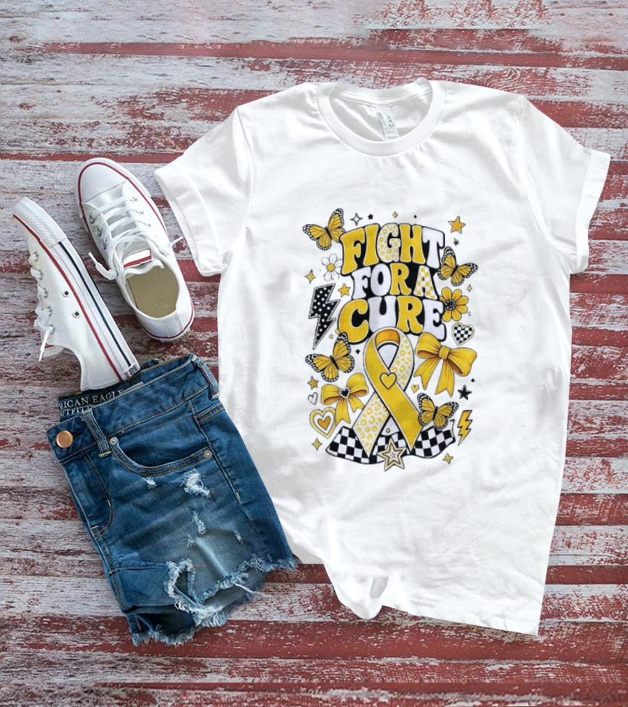 Fight For A Cure Yellow Ribbon Awareness Butterfly And Bow T-Shirt