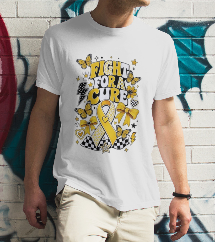 Fight For A Cure Yellow Ribbon Awareness Butterfly And Bow T-Shirt
