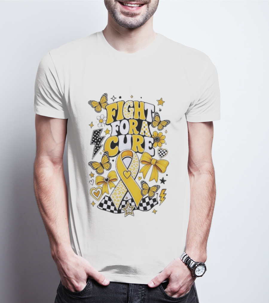 Fight For A Cure Yellow Ribbon Awareness Butterfly And Bow T-Shirt