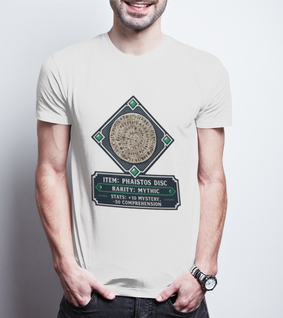Item Phaistos Disc Rarity Mythic Stats +10 Mystery 50 Comprehension T-Shirt
