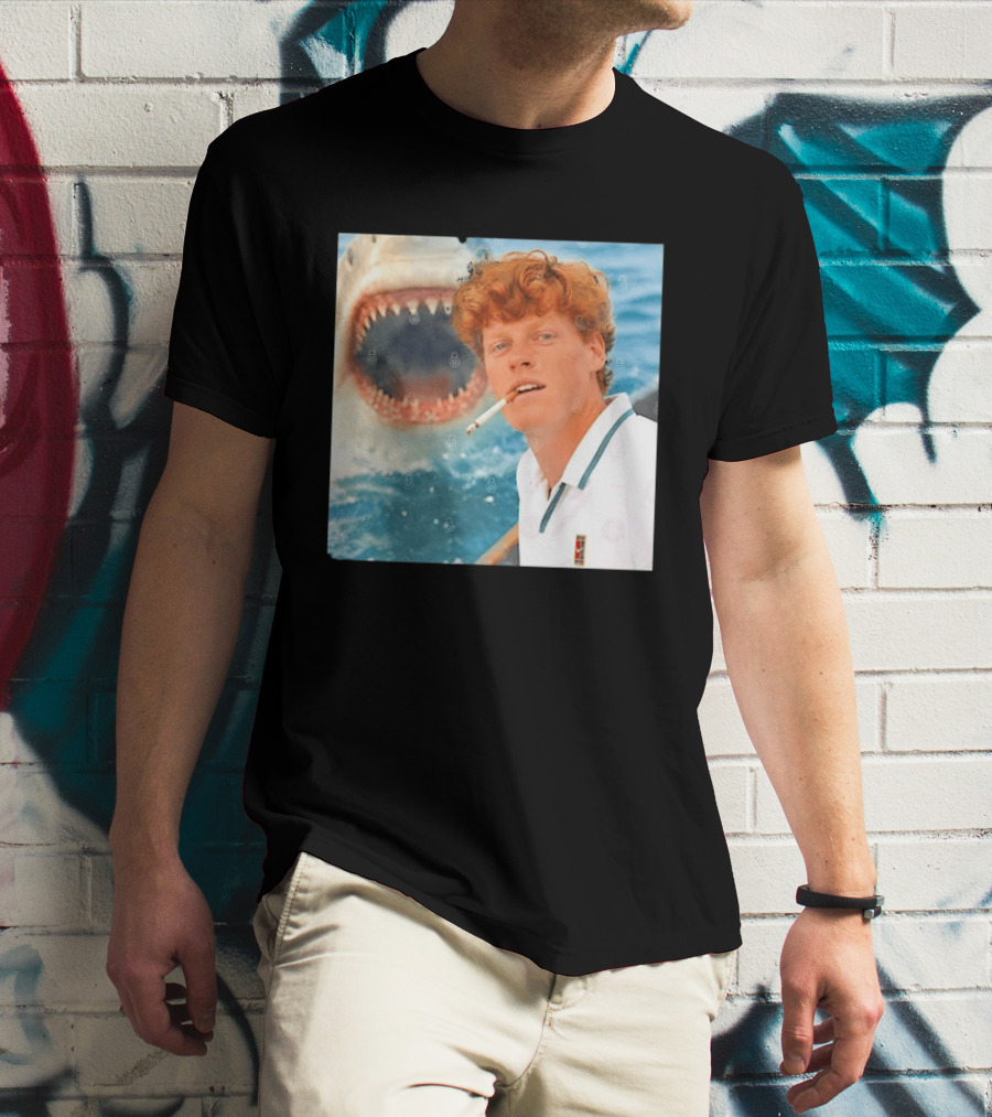 Jannik Sinner Smoking With Great White Shark Tennis Image T-Shirt