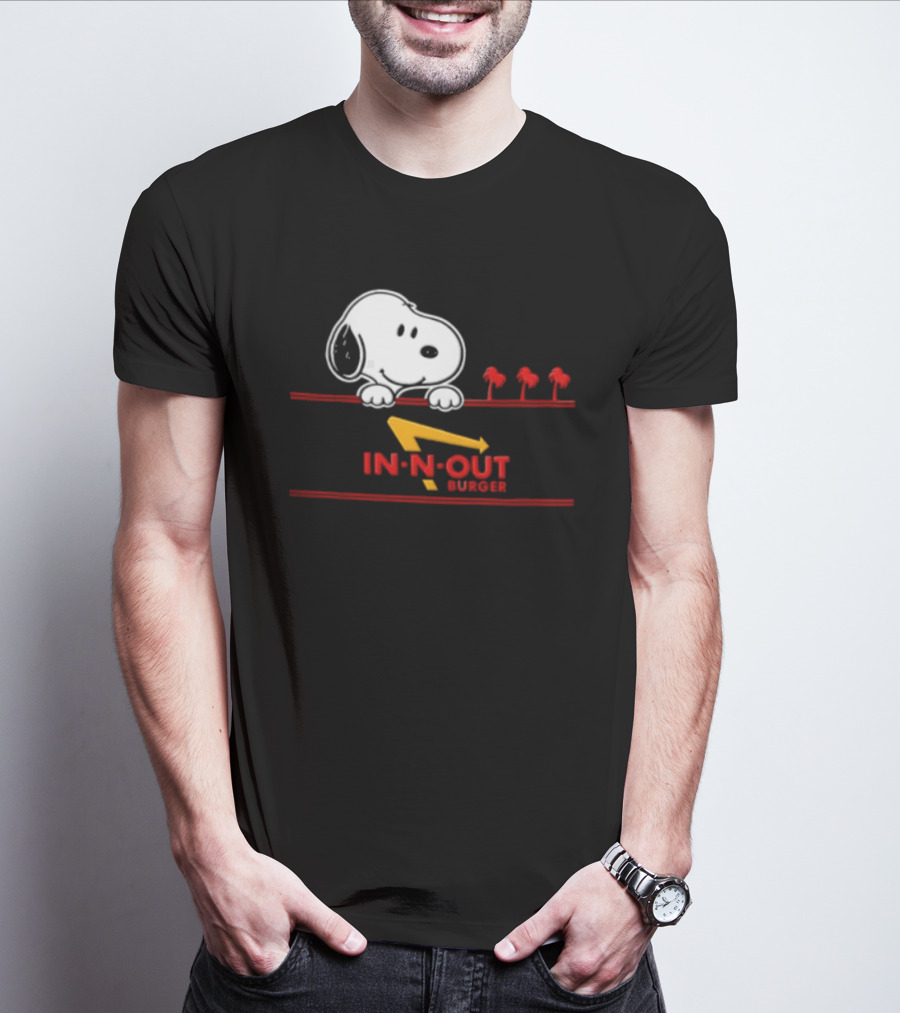 Snoopy Peeking Over In N Out Burger Red Lines With Palm Trees T-Shirt