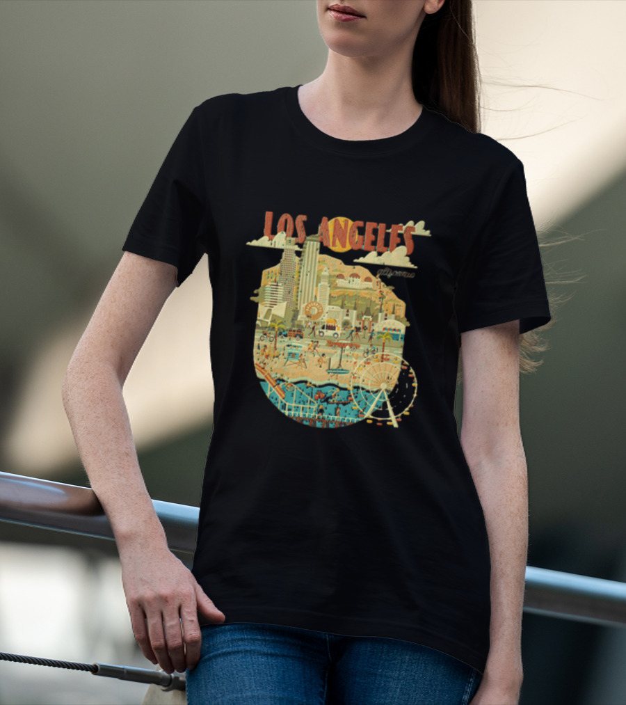 Los Angeles California Skyline Ferris Wheel And Beach Scene T-Shirt