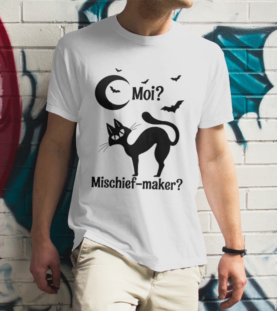 Moi Mischief Maker Black Cat Halloween Moon Bats T-Shirt
