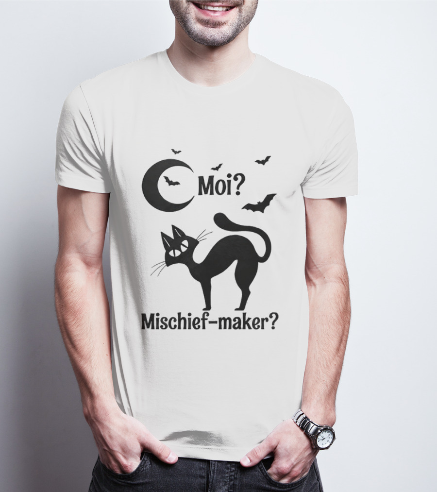 Moi Mischief Maker Black Cat Halloween Moon Bats T-Shirt