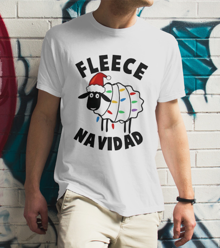 Fleece Navidad Christmas Sheep In Santa Hat With Holiday Lights Pun T-Shirt