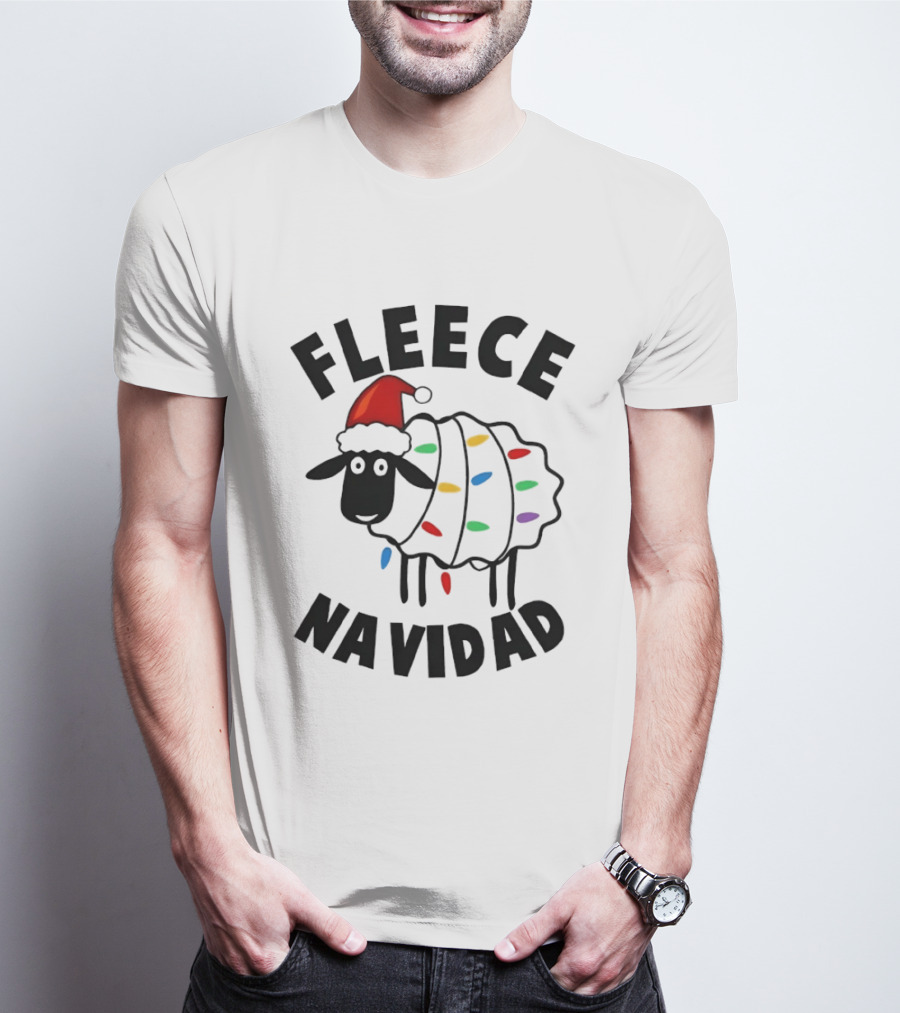 Fleece Navidad Christmas Sheep In Santa Hat With Holiday Lights Pun T-Shirt