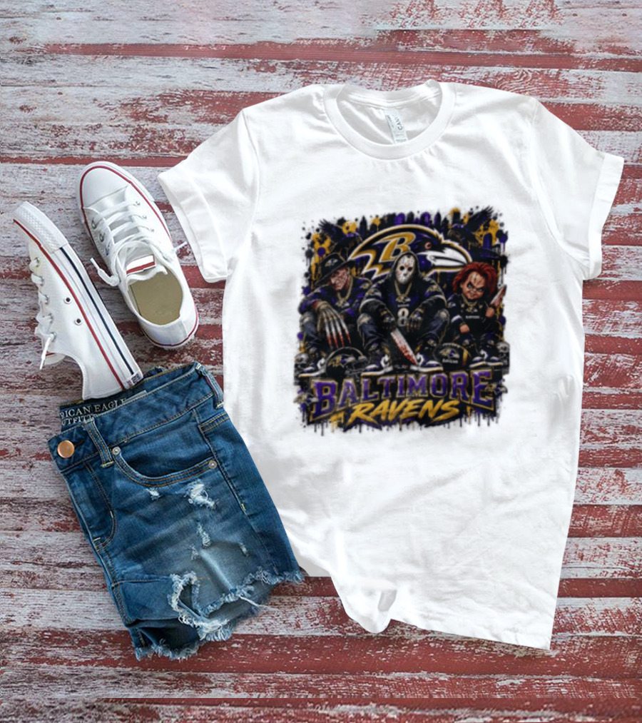 Freddy Krueger Jason Voorhees Chucky Baltimore Ravens Halloween Horror T-Shirt