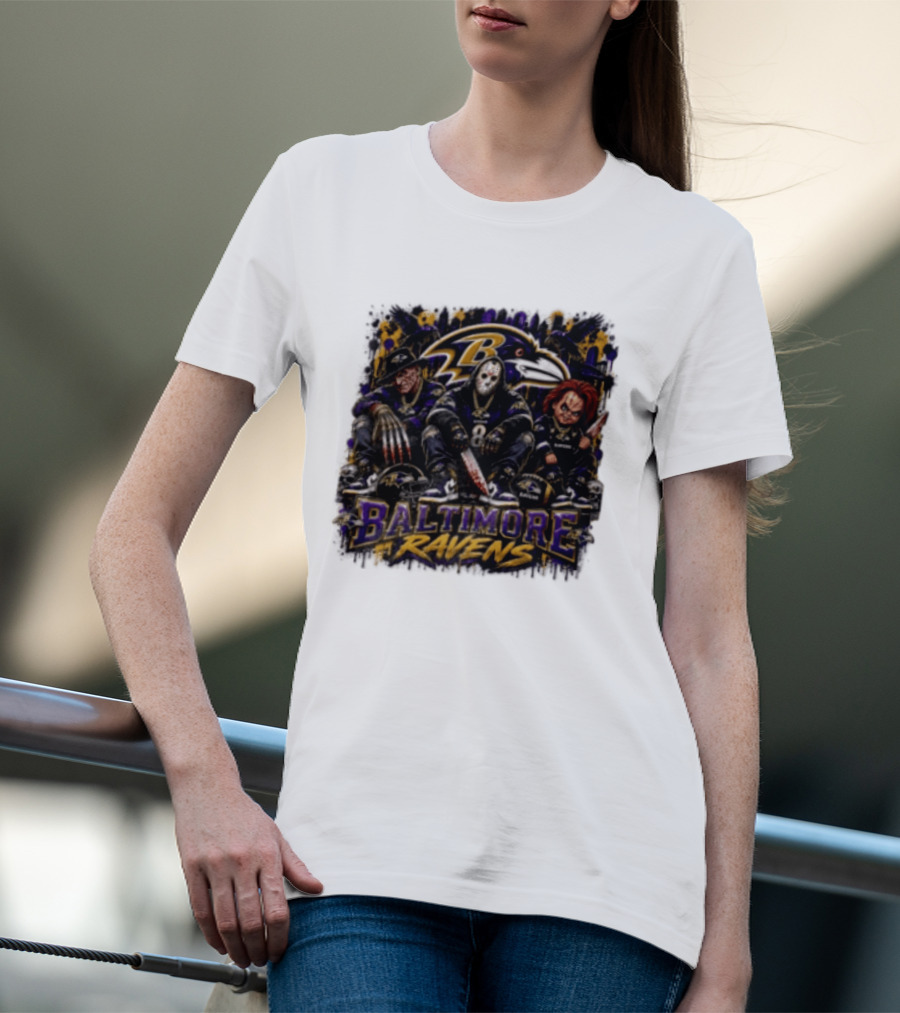 Freddy Krueger Jason Voorhees Chucky Baltimore Ravens Halloween Horror T-Shirt