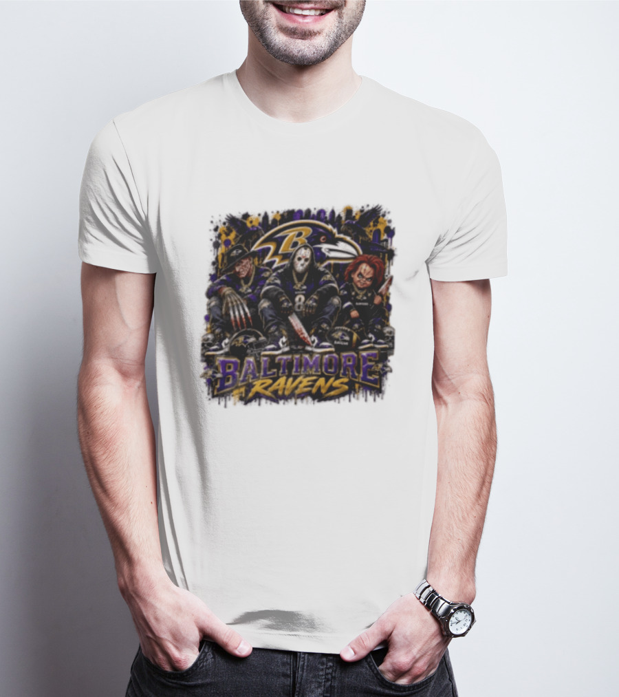 Freddy Krueger Jason Voorhees Chucky Baltimore Ravens Halloween Horror T-Shirt