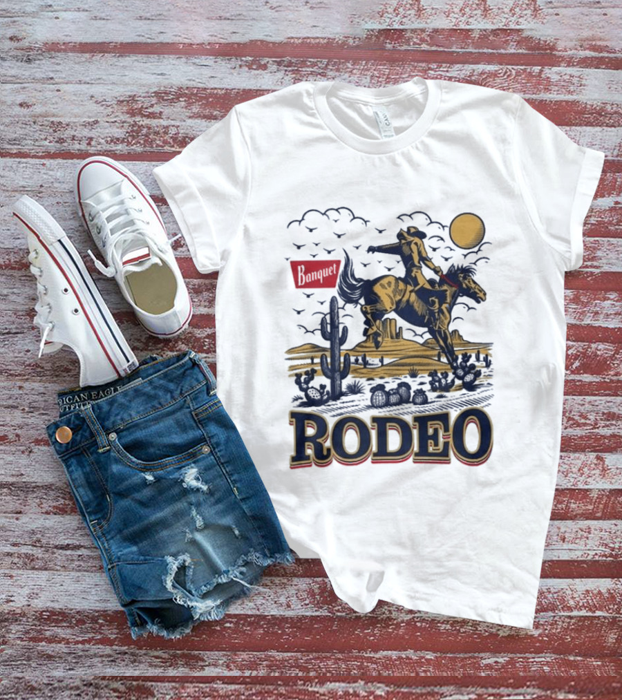 Western Rodeo Cowboy Desert Scene With Cactus And Mountains T-Shirt