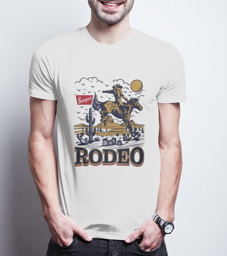 Western Rodeo Cowboy Desert Scene With Cactus And Mountains T-Shirt
