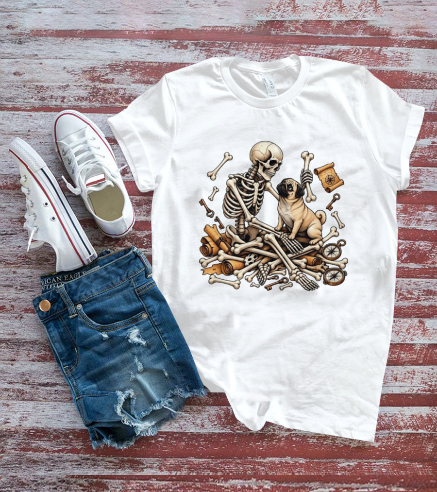 Skeleton Holding Bone With Pug Surrounded By Compass Keys And Treasure Maps T-Shirt