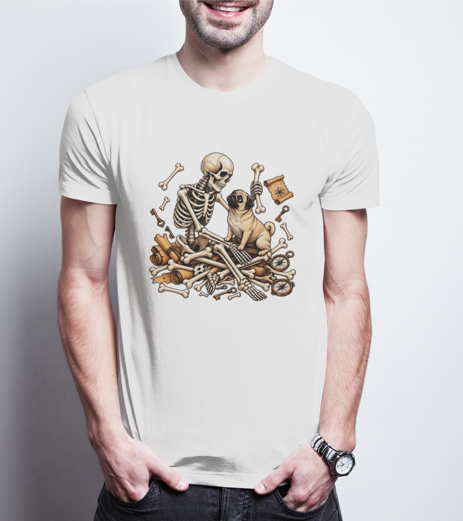 Skeleton Holding Bone With Pug Surrounded By Compass Keys And Treasure Maps T-Shirt