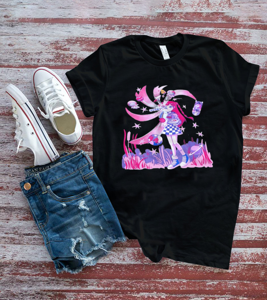 Anime Girl Space Ramen Checkered Skirt Pink Cosmic Stars T-Shirt
