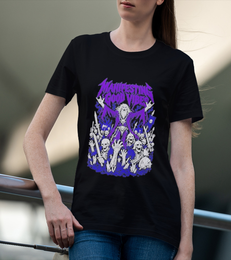 Manifesting Good Vibes Necromancer Skeleton Wizard T-Shirt