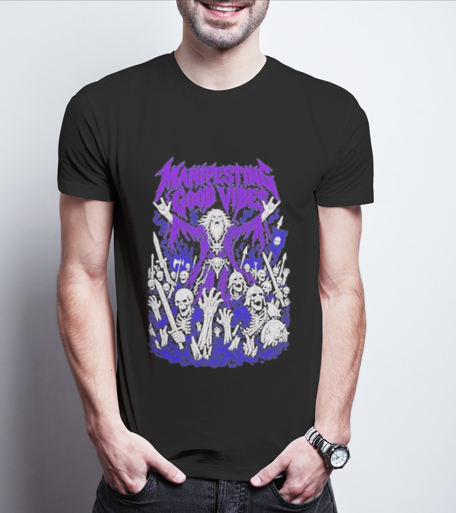Manifesting Good Vibes Necromancer Skeleton Wizard T-Shirt
