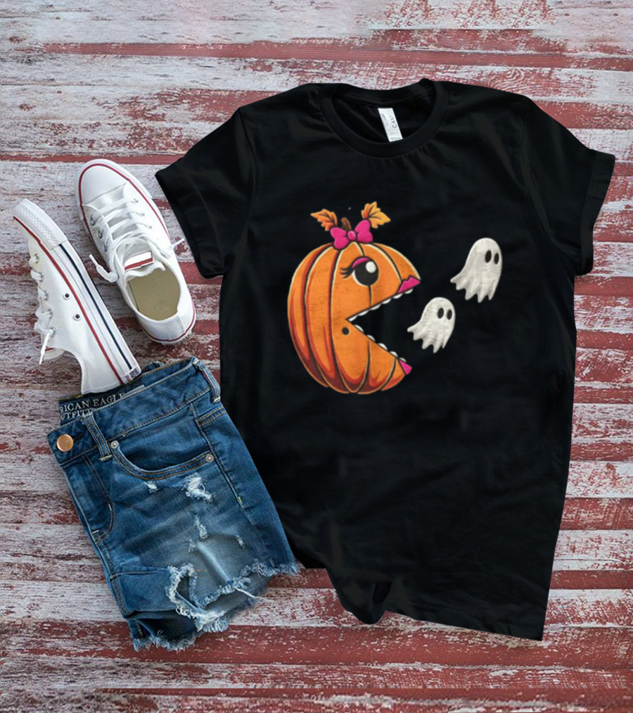 Ms Pac Man Pumpkin Shape Halloween Ghosts T-Shirt