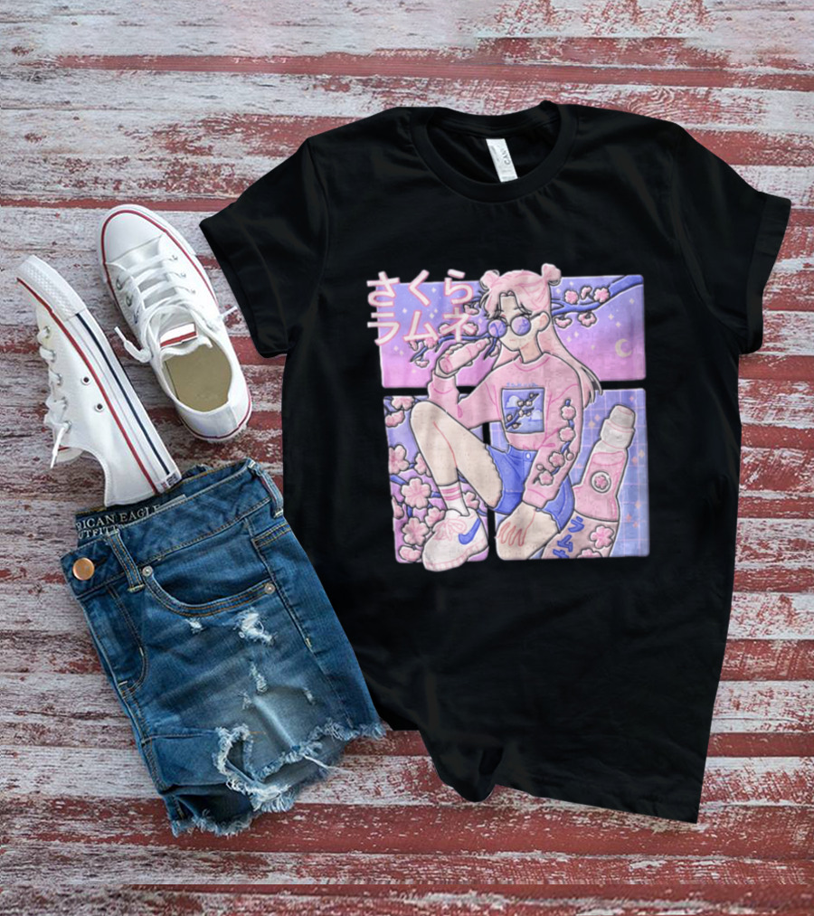 Anime Girl Drinking Pink Soda Sakura Blossoms Pastel Aesthetic T-Shirt