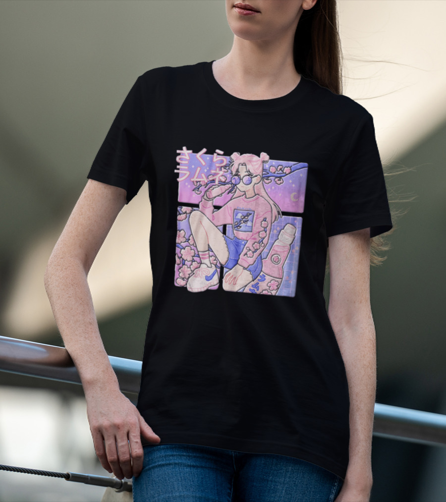 Anime Girl Drinking Pink Soda Sakura Blossoms Pastel Aesthetic T-Shirt