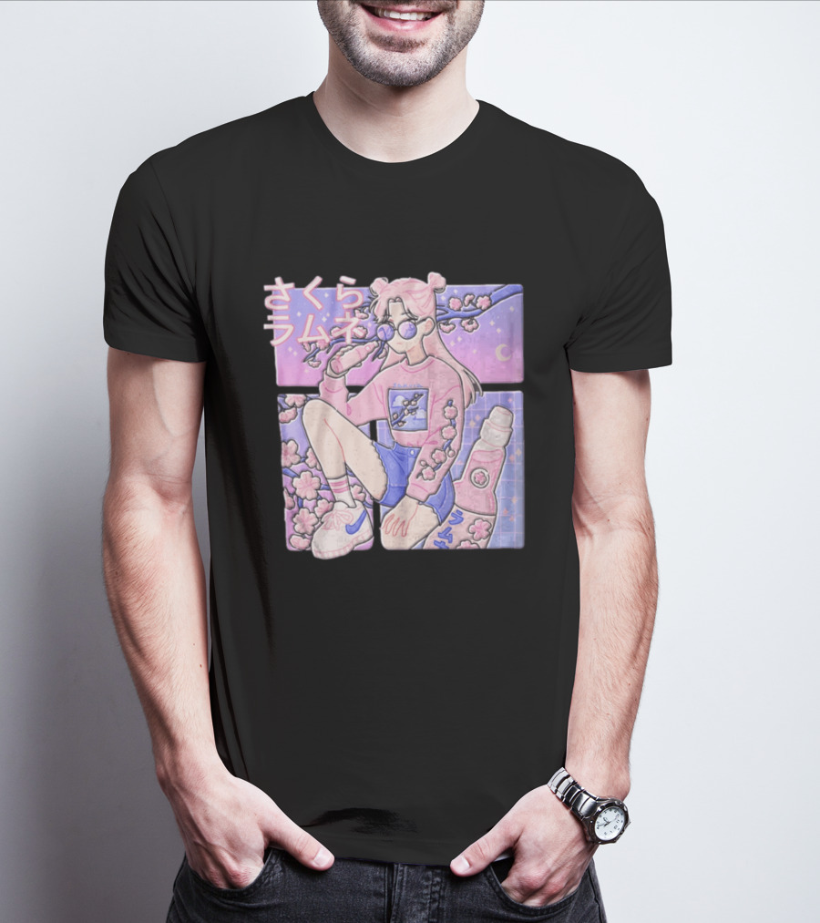 Anime Girl Drinking Pink Soda Sakura Blossoms Pastel Aesthetic T-Shirt
