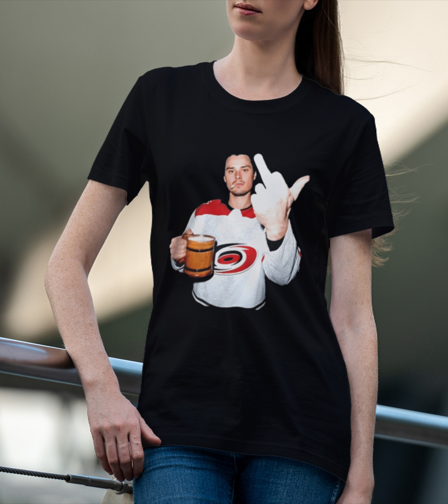 Sebastian Aho Carolina Hurricanes Wooden Beer Middle Finger Gesture T-Shirt