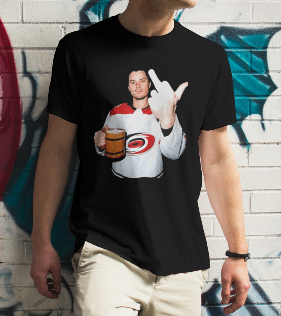 Sebastian Aho Carolina Hurricanes Wooden Beer Middle Finger Gesture T-Shirt