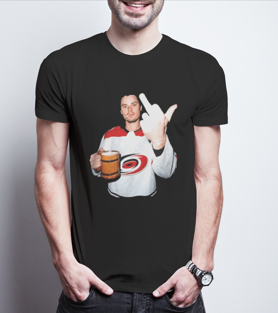Sebastian Aho Carolina Hurricanes Wooden Beer Middle Finger Gesture T-Shirt