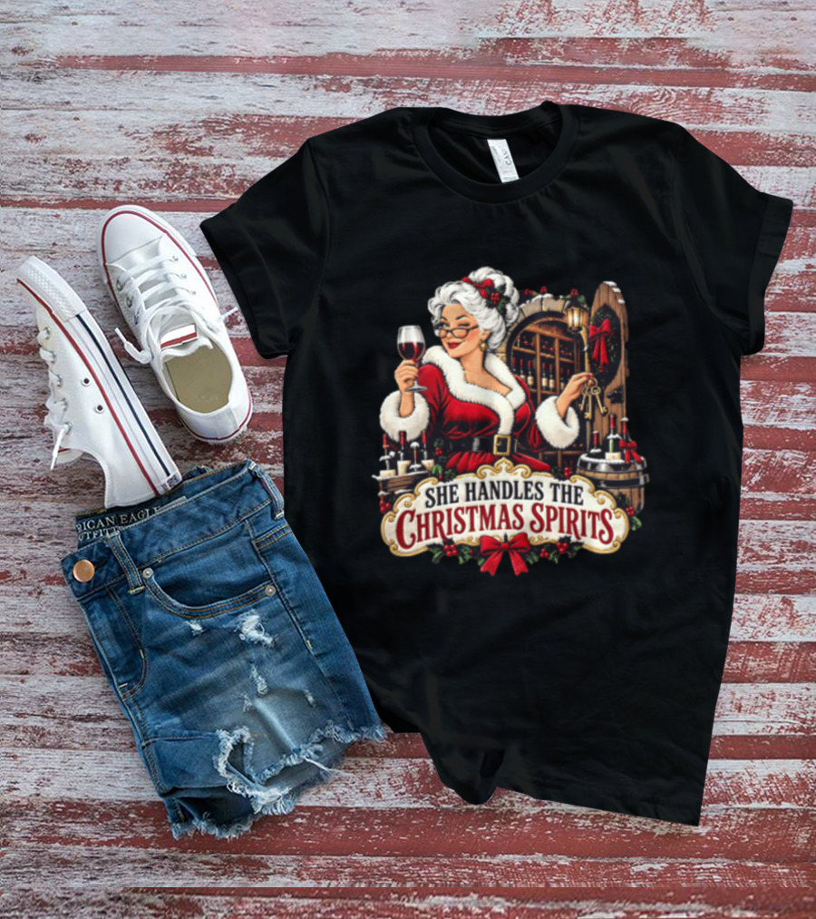 She Handles The Christmas Spirits Woman With Wine Glass In Festive Wine Cellar Scene T-Shirt