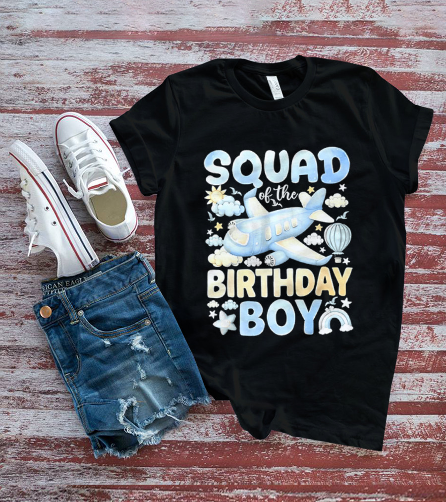 Squad Of The Birthday Boy Airplane Cloud Adventure With Stars And Balloons T-Shirt