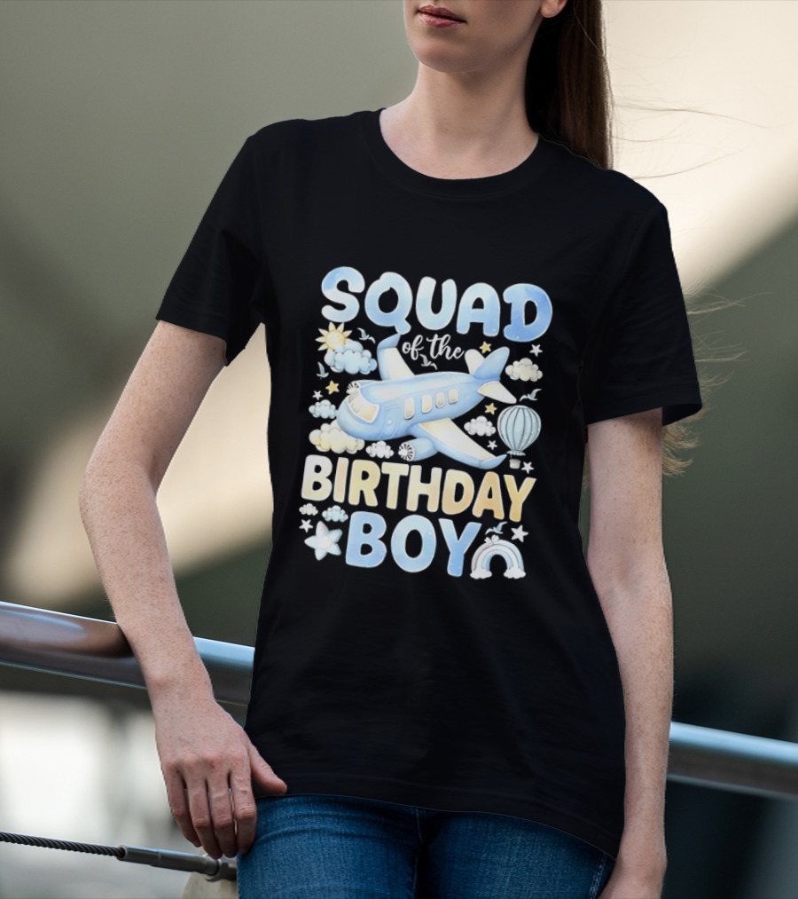 Squad Of The Birthday Boy Airplane Cloud Adventure With Stars And Balloons T-Shirt