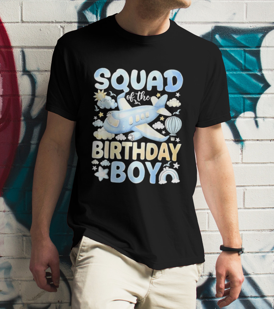 Squad Of The Birthday Boy Airplane Cloud Adventure With Stars And Balloons T-Shirt