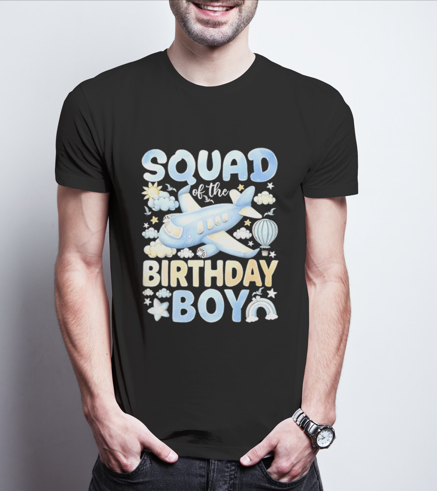 Squad Of The Birthday Boy Airplane Cloud Adventure With Stars And Balloons T-Shirt