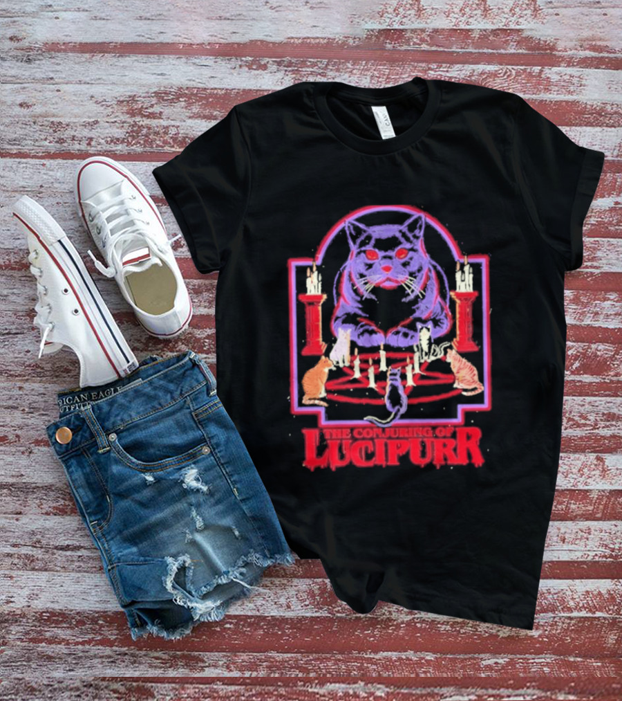 The Conjuring Of Lucipurr Cat Candle Pentagram Ritual T-Shirt