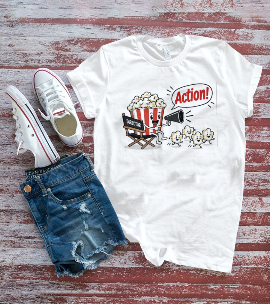 Director Popcorn Calling Action Movie Night Chair Megaphone T-Shirt