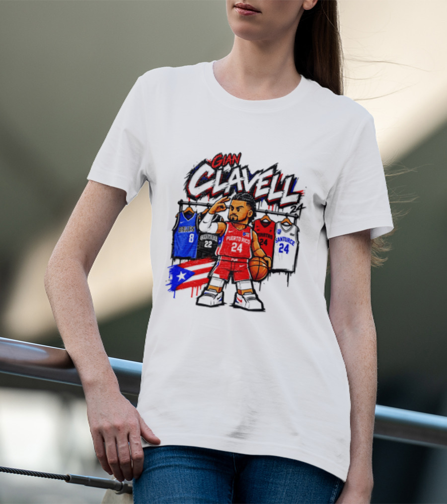 Gian Clavell Puerto Rico Basketball Cartoon With Jersey Collection And Flag T-Shirt