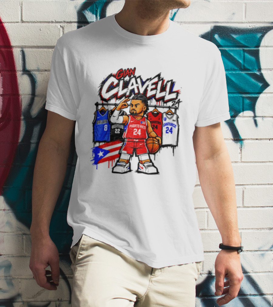 Gian Clavell Puerto Rico Basketball Cartoon With Jersey Collection And Flag T-Shirt
