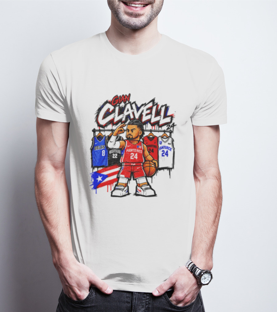 Gian Clavell Puerto Rico Basketball Cartoon With Jersey Collection And Flag T-Shirt