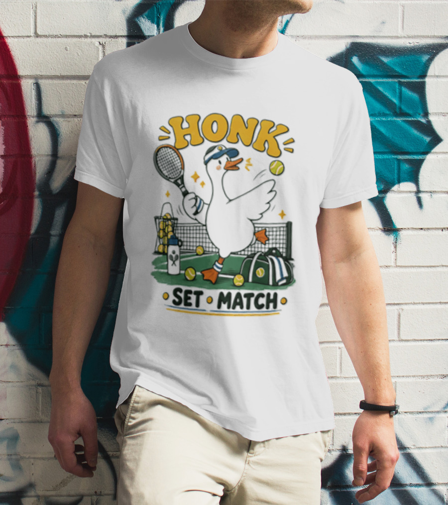 Honk Set Match Duck Playing Tennis Cartoon T-Shirt
