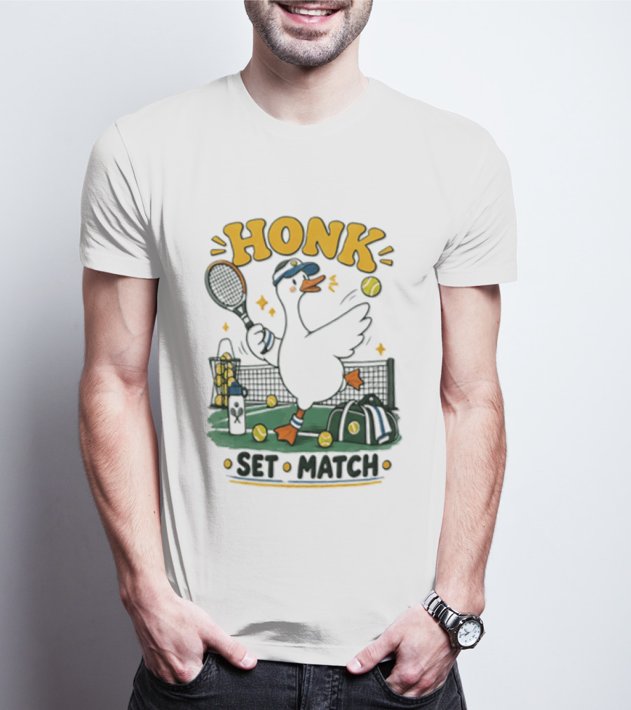 Honk Set Match Duck Playing Tennis Cartoon T-Shirt