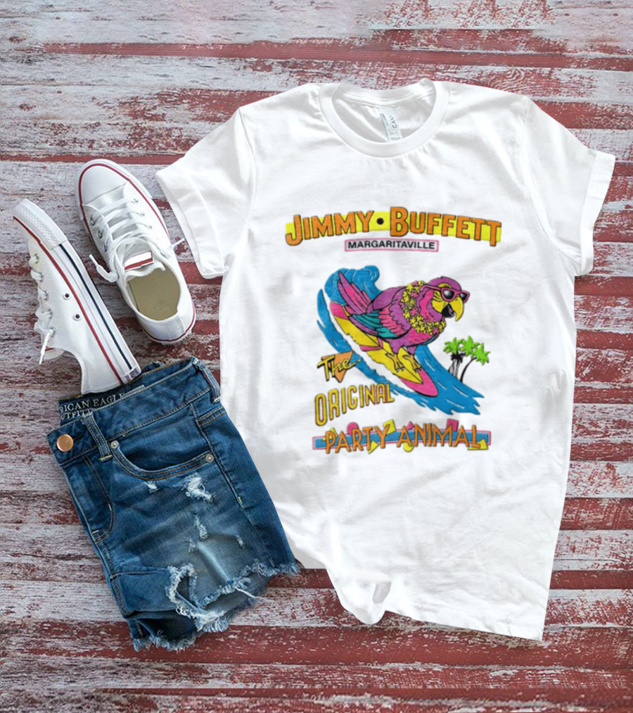 Jimmy Buffett Margaritaville Original Party Animal Parrot Surfing Wave T-Shirt