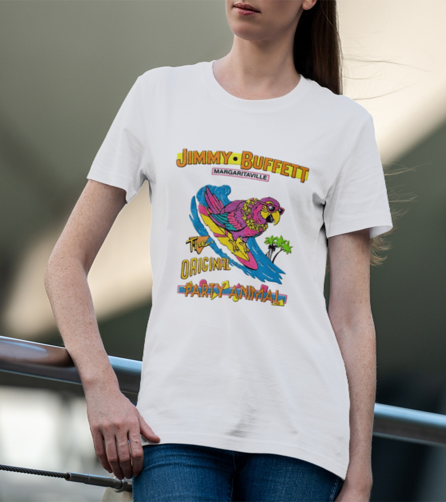 Jimmy Buffett Margaritaville Original Party Animal Parrot Surfing Wave T-Shirt